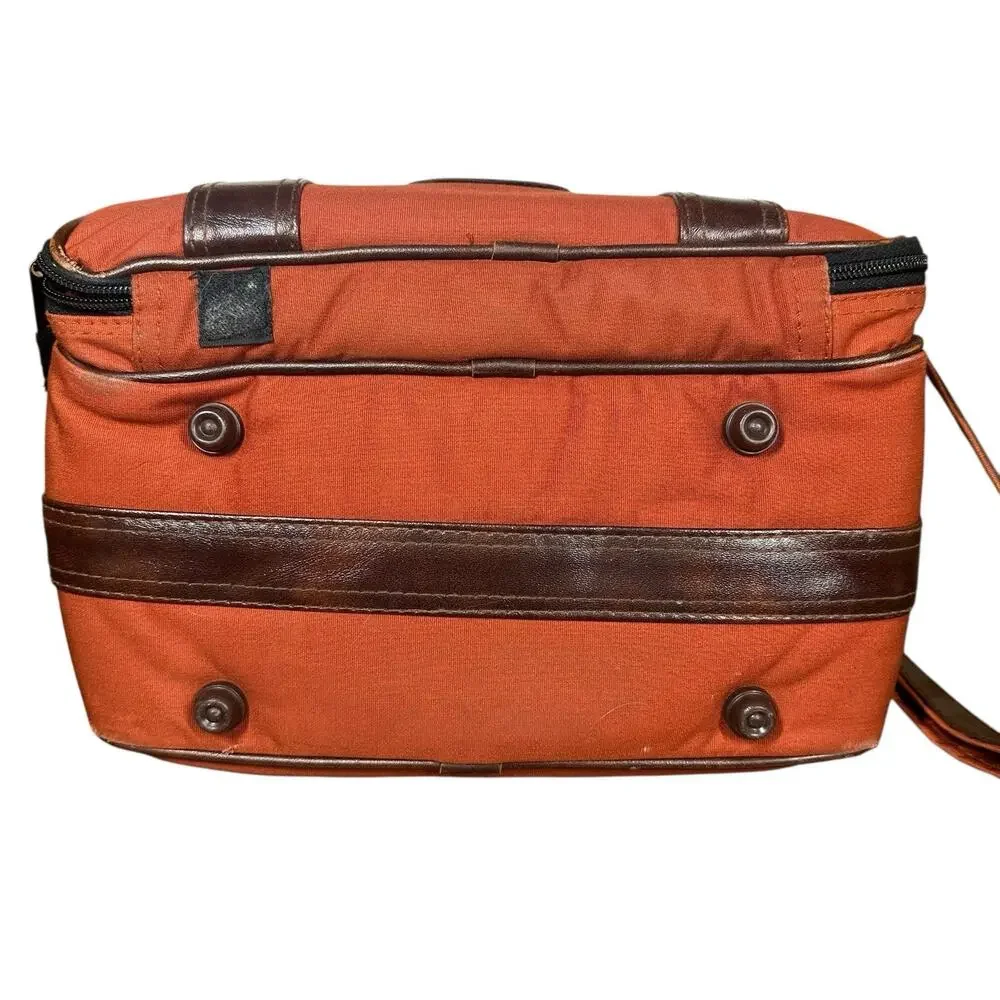 Vtg Camera Bag Orangish Brown Canvas Faux Leather Trim Padded Case Strap 12x7.5